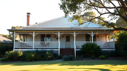 Single-story Australian suburban house with a wide veranda, lush garden in soft afternoon light.
