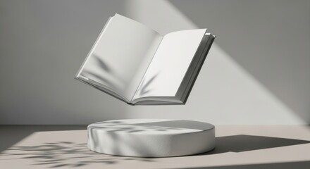 Open blank book levitating above white podium with shadow overlay open book blank pages