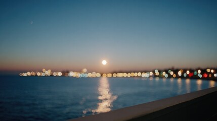 Fototapeta premium Serene twilight scene with glowing moon reflecting on calm water surface