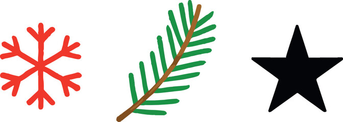 Minimalist Holiday Symbols – Snowflake, Pine Branch, and Star Icon Trio