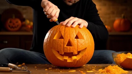 Close up shows process of making Halloween pumpkin lantern, man s hands hold pumpkin steady while carefully cutting details of classic jack-o-lantern smile. - Powered by Adobe