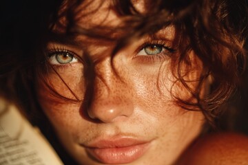 Fototapeta premium Reading a book in warm sunlight with soft shadows casting across her face