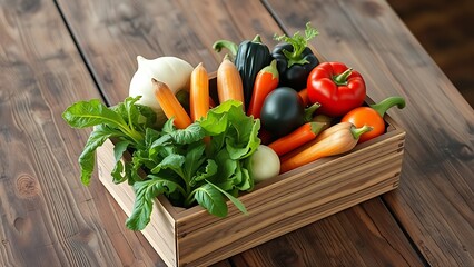 Rustic wooden box overflowing with fresh vegetables on a textured table in earthy tones.