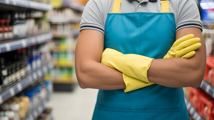 Professional grocery employee standing confidently in modern store with yellow gloves and apron ready to help customers with exceptional service today