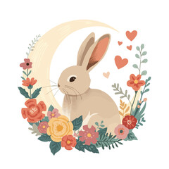 A whimsical vector illustration featuring a delicate rabbit surrounded by vibrant flowers under the soft glow of a crescent moon, accompanied  with png transparent 