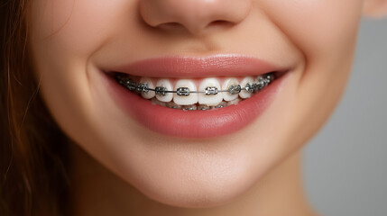Smiling woman with metal dental braces on white teeth close up