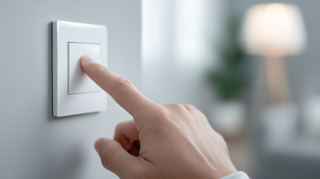 Hand pressing a wall switch to control light and energy use, symbolizing efficiency, safety, and mindful power management in everyday life.
