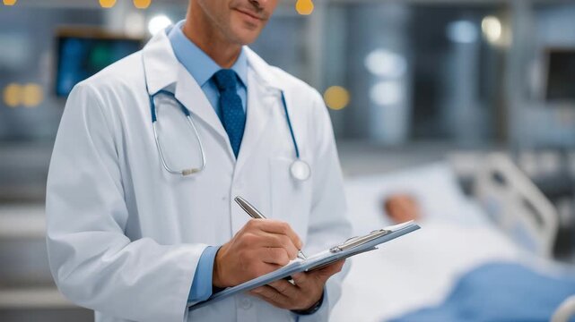 physician standing beside hospital bed taking notes on medical chart after patient examination, symbolizing bedside care, professional observation, and essential documentation for