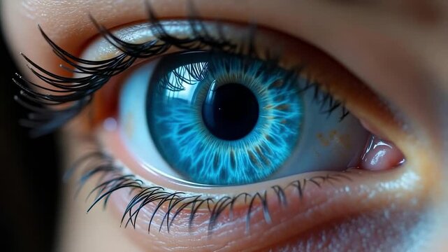 Macro close-up shot of a bright blue human eye with detailed iris texture and long eyelashes in sharp focus.