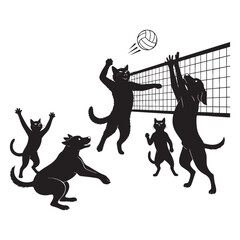 Cats and Dogs Playing Volleyball - Humorous Animal Sports Silhouette