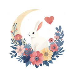 A whimsical vector illustration featuring a delicate rabbit surrounded by vibrant flowers under the soft glow of a crescent moon, accompanied with png  transparent