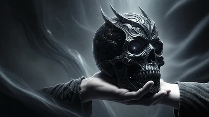Holding a Dark Skull Mask in Shadowy Light. - Powered by Adobe