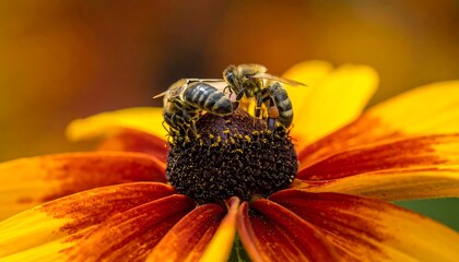 Macro shot of honeybees, pollinating atop a brilliant yellow flower