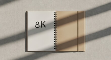 Open spiral bound notebook with 8 K text on white page and beige cover on textured surface with light shadows