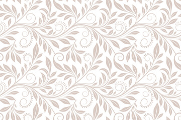 Elegant seamless floral pattern with delicate leaves and swirls on white background, soft beige botanical design for wallpaper, fabric, wrapping paper, and decorative backgrounds.