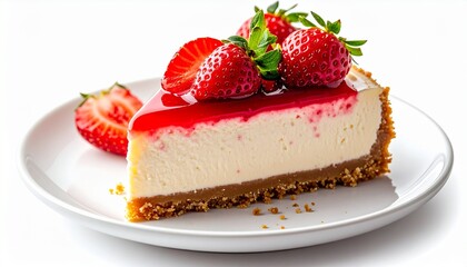 Close-up of a slice of cheesecake topped with glossy red caramel and fresh strawberry, isolated on white background. Perfect for dessert advertising, cafe menu, or food packaging design