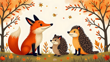 Adorable autumn fox and hedgehogs in a whimsical fall scene