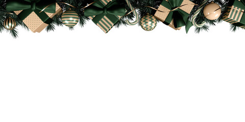 Christmas decorations with green and gold wrapped gifts and ornaments on a white background. 3d...