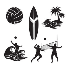 Beach Sports Icon Set - Volleyball, Surfing, Tropical Elements