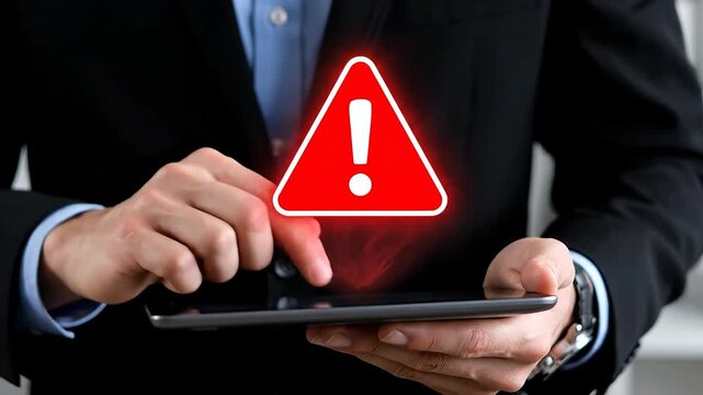 Tri&aacute;ngulo rojo con un signo de exclamaci&oacute;n sobre una tableta en manos de un empresario, concepto de seguridad en l&iacute;nea y violaci&oacute;n de datos.