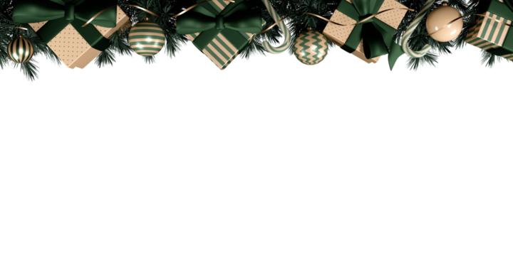 Christmas decorations with green and gold wrapped gifts and ornaments on a white background. 3d rendering