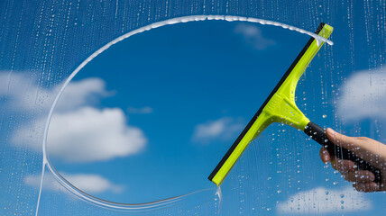 Fresh start with squeaky clean windows revealing a bright blue sky and fluffy clouds, perfect for spring cleaning promotions or home care advertisements