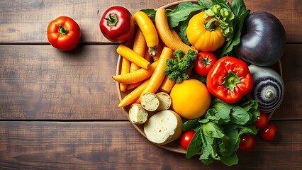 Vibrant healthy food arranged on a vintage wooden surface from an overhead view.