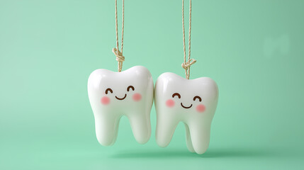 Two cute cartoon teeth with smiling faces hanging on rope on mint background