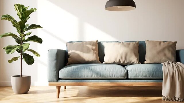 Cozy living room with blue sofa, plants and sunlight.