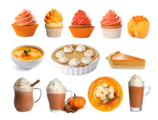 Different dishes, desserts and drinks made with pumpkin. Collection on white background