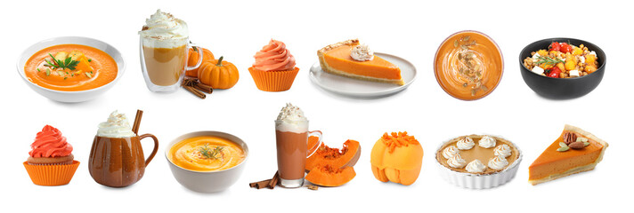 Different dishes, desserts and drinks made with pumpkin. Collection on white background