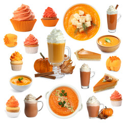 Collection of dishes, desserts and drinks made with pumpkin isolated on white