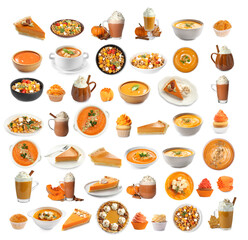Pumpkin as main ingredient of different dishes, desserts and drinks. Collection on white background