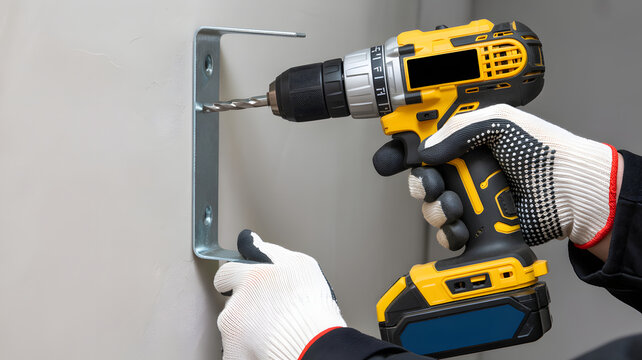Professional construction worker uses power drill to secure metal bracket to wall, showcasing precision, skill, and reliable equipment for home improvement projects