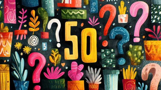 A colorful illustration of a variety of houseplants and question marks, with a background of abstract shapes and patterns. - Powered by Adobe