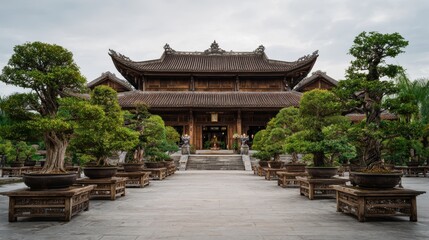 Naklejka premium Traditional Asian Temple Surrounded by Lush Bonsai Trees and Serene Atmosphere
