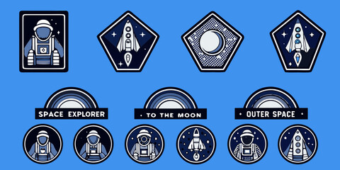 Collection of stylized space exploration badges featuring astronauts rockets moon and text labels © Barsha