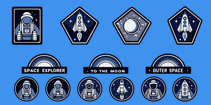 Collection of stylized space exploration badges featuring astronauts rockets moon and text labels