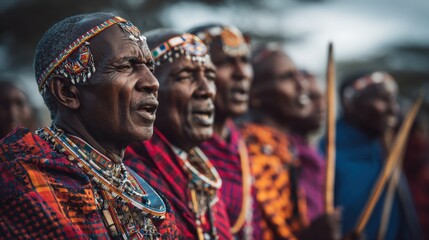 Fototapeta premium Traditional Maasai Ceremony with Colorful Attire and Cultural Expression in African Landscape