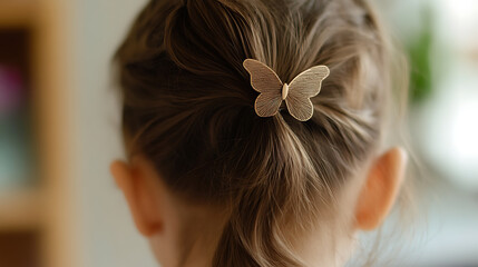Naklejka premium Back of child's head with brown hair styled in a ponytail. A butterfly-shaped hairpin adds a touch of whimsy to the overall look.