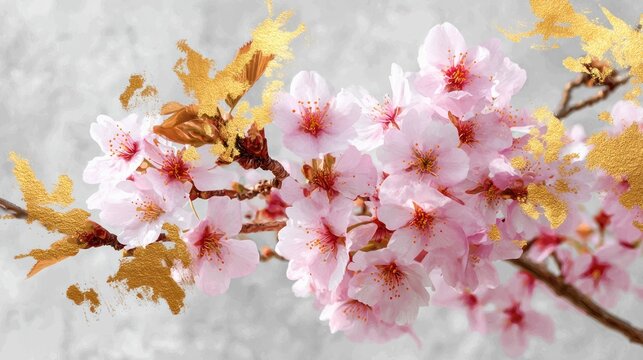 A branch of cherry blossoms with pink flowers and golden leaves against a white background.