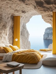 A bedroom in the shape of an isolated cave with a yellow bed and curtains against white walls overlooking the sea view through an opening