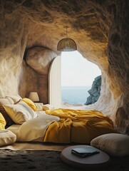 A bedroom in the shape of an ancient cave with yellow bed sheets and pillows featuring an open window revealing a sea view in a comfortable interior design