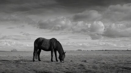 Lone Horse Grazing on Expansive Field Under Dramatic Clouds in Black and White Photography