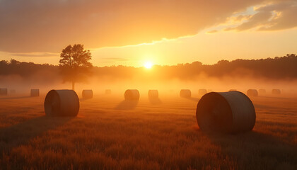 Golden sunrise over a misty field with hay bales and a lone tree