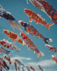Colorful Koi Fish Decorative Installation Against a Blue Sky in Bright Natural Light