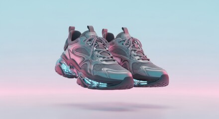 Pair of futuristic gray athletic shoes with transparent blue illuminated soles floating against a gradient background