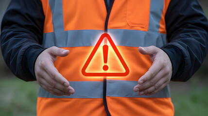 Safety first worker in high visibility vest holds warning alert, ensuring workplace hazard prevention and caution with an emphasis on responsibility.