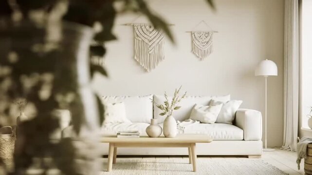 Cozy living room with a white sofa, macrame wall hangings and coffee table.