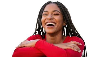 Joyful young woman with dreadlocks laughing heartily wearing a bright red top portrait isolated on white background